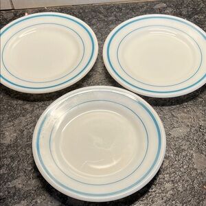 Pyrex side plates. Bread plates. with Blue Trim. Milk glass